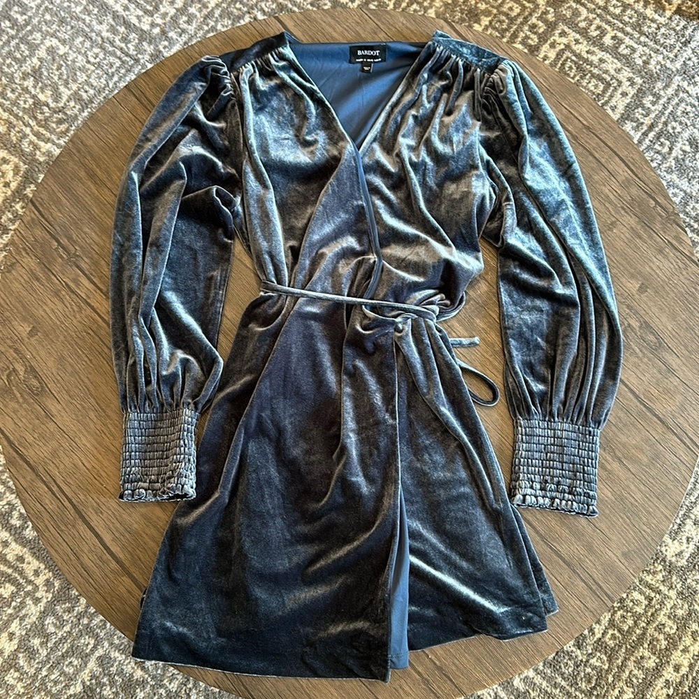 BARDOT Blue Velvet Wrap Midi Long Puff Sleeve Dress Size Medium